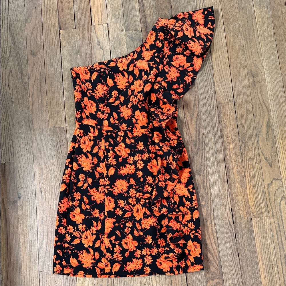 Chelsea28 One-Shoulder Mini Dress in Black and Orange Floral